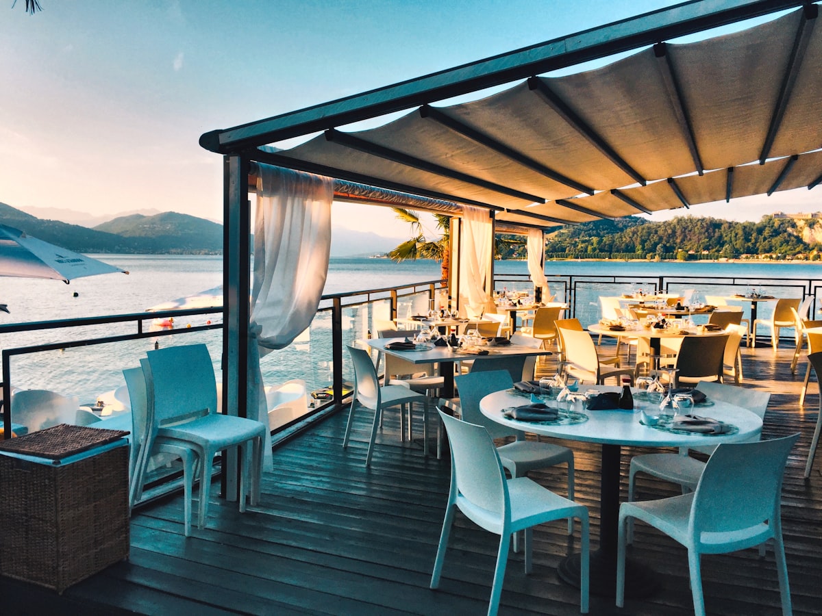 Seaside taverna terrace at sunset